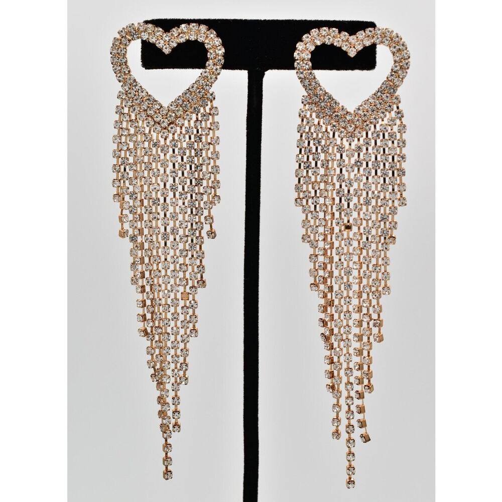Vintage Heart Fringe Crystal Earrings Dangle Chain Valentine Gold 1990s BinBB